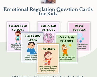 以下が含まれることがあります： カラフルなイラストとテキストが特徴の子供向け感情調整質問カードセット。カードには「Feelings and Colours」、「Faces and Feelings」、「Blow Bubbles」、「Listen and Share」、「Try Again」、「Learn from Mistakes」といったタイトルが記載されています。
