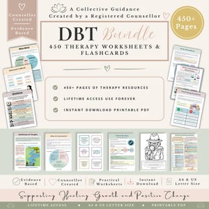 May include: A digital DBT bundle featuring 450 therapy worksheets and flashcards. The beige and white layout includes text such as A Collective Guidance, DBT Bundle, 450 Therapy Worksheets & Flashcards, and various page previews with diagrams.
