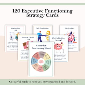 Może przedstawiać: Zestaw 120 kart strategii funkcji wykonawczych z kolorowymi ilustracjami i tekstem. Karty przedstawiają tematy takie jak Motivation Task, Self-Monitoring, Impulse Control Task, Working Memory oraz koło funkcji wykonawczych.