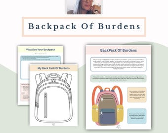 以下が含まれることがあります： 「Backpack Of Burdens」というタイトルのワークブックの画像。ワークブックには、バックパックの白黒線画と、ピンク、黄色、青色のセクションがあるバックパックのカラーイラストが含まれています。画像には「Available in both A4 and US Letter sizes」と書かれています。
