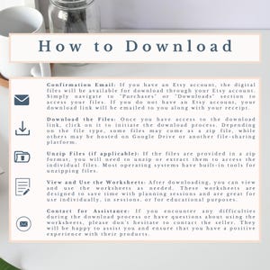 May include: A light pink and white graphic with the text "How to Download" in a dark blue font. The graphic provides instructions on how to download digital files from Etsy, including information about confirmation emails, downloading files, unzipping files, viewing and using worksheets, and contacting the seller for assistance.