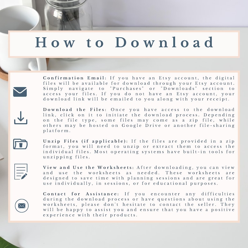 May include: A light pink and white graphic with the text "How to Download" in a dark blue font. The graphic provides instructions on how to download digital files from Etsy, including information about confirmation emails, downloading files, unzipping files, viewing and using worksheets, and contacting the seller for assistance.