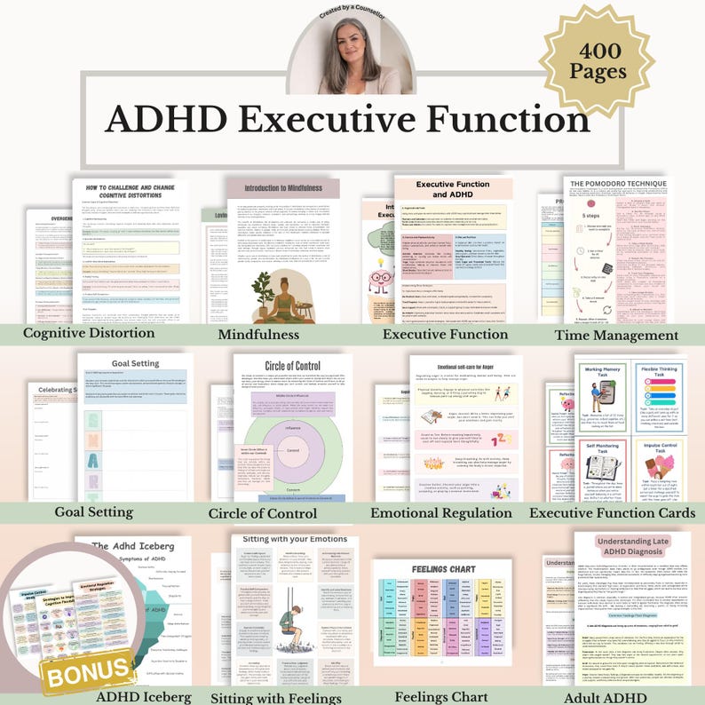 Może przedstawiać: 400-stronicowy cyfrowy zbi&oacute;r arkuszy roboczych dotyczących funkcji wykonawczych w ADHD. Tematy obejmują zniekształcenia poznawcze, uważność, zarządzanie czasem, wyznaczanie cel&oacute;w, regulację emocji oraz diagnozę ADHD u os&oacute;b dorosłych.