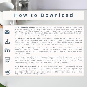 May include: A graphic with instructions on how to download digital files purchased on Etsy. The graphic includes icons for email, a download arrow, a folder, and a pencil. The text includes information about confirmation emails, downloading files, unzipping files, viewing and using worksheets, and contacting the seller for assistance.