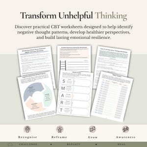 May include: A collection of CBT worksheets titled Transform Unhelpful Thinking, including a Mindfulness-Based Stress Reduction exercise, Graded Exposure Hierarchy, Tree of Life Narrative Therapy, Cognitive Behavioral Model diagram, and Sleep Tracker.