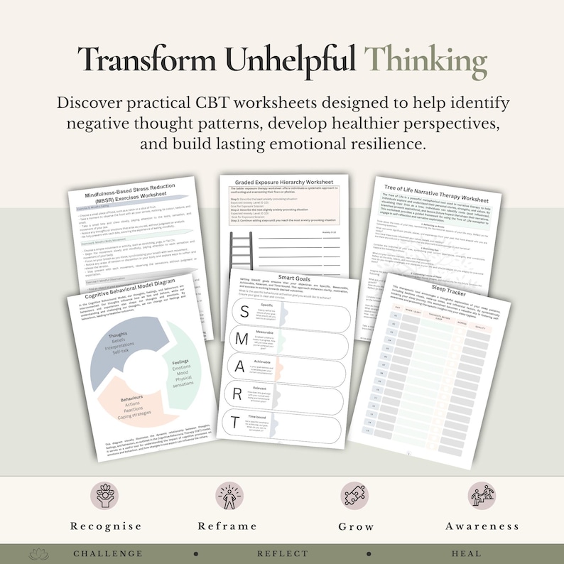 May include: A collection of CBT worksheets titled Transform Unhelpful Thinking, including a Mindfulness-Based Stress Reduction exercise, Graded Exposure Hierarchy, Tree of Life Narrative Therapy, Cognitive Behavioral Model diagram, and Sleep Tracker.