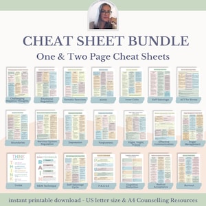 May include: A set of printable cheat sheets for counselling resources. The cheat sheets are organised into a grid with titles such as "Challenging Negative Thoughts", "Emotional Regulation", "Somatic Exercises", "ADHD", "Inner Critic", "Self-Sabotage", "ACT for Stress", "Boundaries", "Nervous System Regulation", "Depression", "Forgiveness", "Fight, Fright, Freeze", "Effective Communication", "Anger Management", "THINK", "RAIN Technique", "Self-Sabotage Cycle", "PAUSE", "Cognitive Distortion", "Radical Acceptance", and "Burnout".