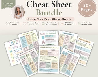 May include: A digital bundle of 20+ pages of mental health cheat sheets featuring titles like Think Before You Speak, Rain Technique, Forgiveness, P.A.U.S.E., Somatic Exercises, Challenging Negative Thoughts, Effective Communication, and ADHD cheat sheets.