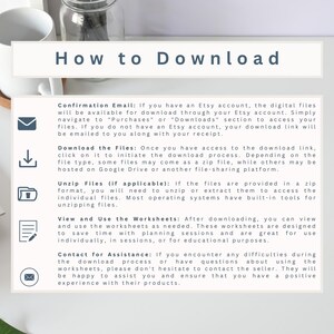 May include: A how-to guide with illustrations explaining how to download digital files from Etsy. The guide includes information about confirmation emails, downloading files, unzipping files, viewing and using worksheets, and contacting customer support.