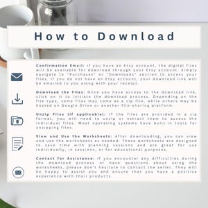 May include: White background with the text "How to Download" at the top. Instructions include steps for downloading files from Etsy, unzipping files, and using worksheets. Icons of an envelope, a downward arrow, a document, and a pencil are included.