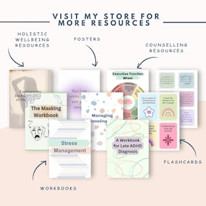 May include: A collection of printable resources for holistic wellbeing, including workbooks, posters, and flashcards. The workbooks include titles like "The Masking Workbook", "Stress Management", and "A Workbook for Late ADHD Diagnosis". The posters feature titles like "Heal from Within" and "Managing Loneliness". The flashcards include phrases like "I am a magnet for positive energy and calmness" and "I trust the process of my life's journey".