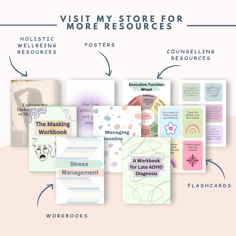 May include: A collection of printable resources for holistic wellbeing, including workbooks, posters, and flashcards. The workbooks include titles like "The Masking Workbook", "Stress Management", and "A Workbook for Late ADHD Diagnosis". The posters feature titles like "Heal from Within" and "Managing Loneliness". The flashcards include phrases like "I am a magnet for positive energy and calmness" and "I trust the process of my life's journey".