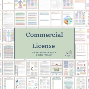 以下が含まれることがあります： 「商用ライセンス」と「デジタル製品の再配布用」というテキストが書かれた緑と白のグラフィック。グラフィックは、精神衛生と幸福に関連するテキストとイラストが書かれたカラフルなワークシートのコラージュで囲まれています。