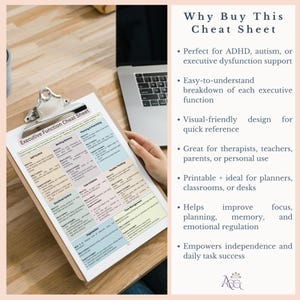 May include: A printable cheat sheet with a colorful grid outlining executive functions, including self-control, working memory, planning and prioritizing, task initiation, emotional control, flexible thinking, time management, and organization. The text "Executive Function Cheat Sheet" is at the top of the sheet.