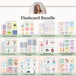Op de afbeelding: Een digitale flashcard-bundel met twaalf sets therapeutische kaarten met pastelkleurige randen en illustraties. Elke set bevat tekstprompts voor mindfulness, dankbaarheid, CGT voor kinderen, emotionele regulatie en positieve affirmaties.