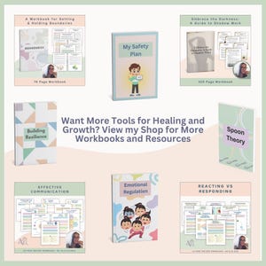Op de afbeelding: Een verzameling kleurrijke digitale werkboeken voor zelfhulp en persoonlijke groei. De werkboeken behandelen onderwerpen als grenzen, veiligheidsplannen, emotionele regulatie, effectieve communicatie, het opbouwen van veerkracht, reageren versus reageren en de theorie van de lepel.