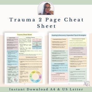 May include: A two-page printable cheat sheet titled "Trauma 2 Page Cheat Sheet." The left page is "Trauma Cheat Sheet" with types of trauma and common symptoms. The right page is "Healing & Recovery: Expanded Tips & Strategies."