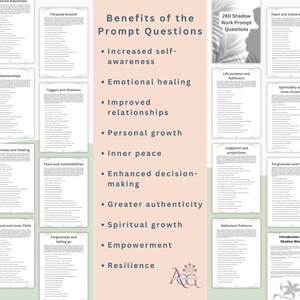 May include: A collage of text and images showing the benefits of using prompt questions. The benefits listed include increased self-awareness, emotional healing, improved relationships, personal growth, inner peace, enhanced decision-making, greater authenticity, spiritual growth, empowerment, and resilience. The image also includes a silhouette of a person and text that says "280 Shadow Work Prompt Questions".