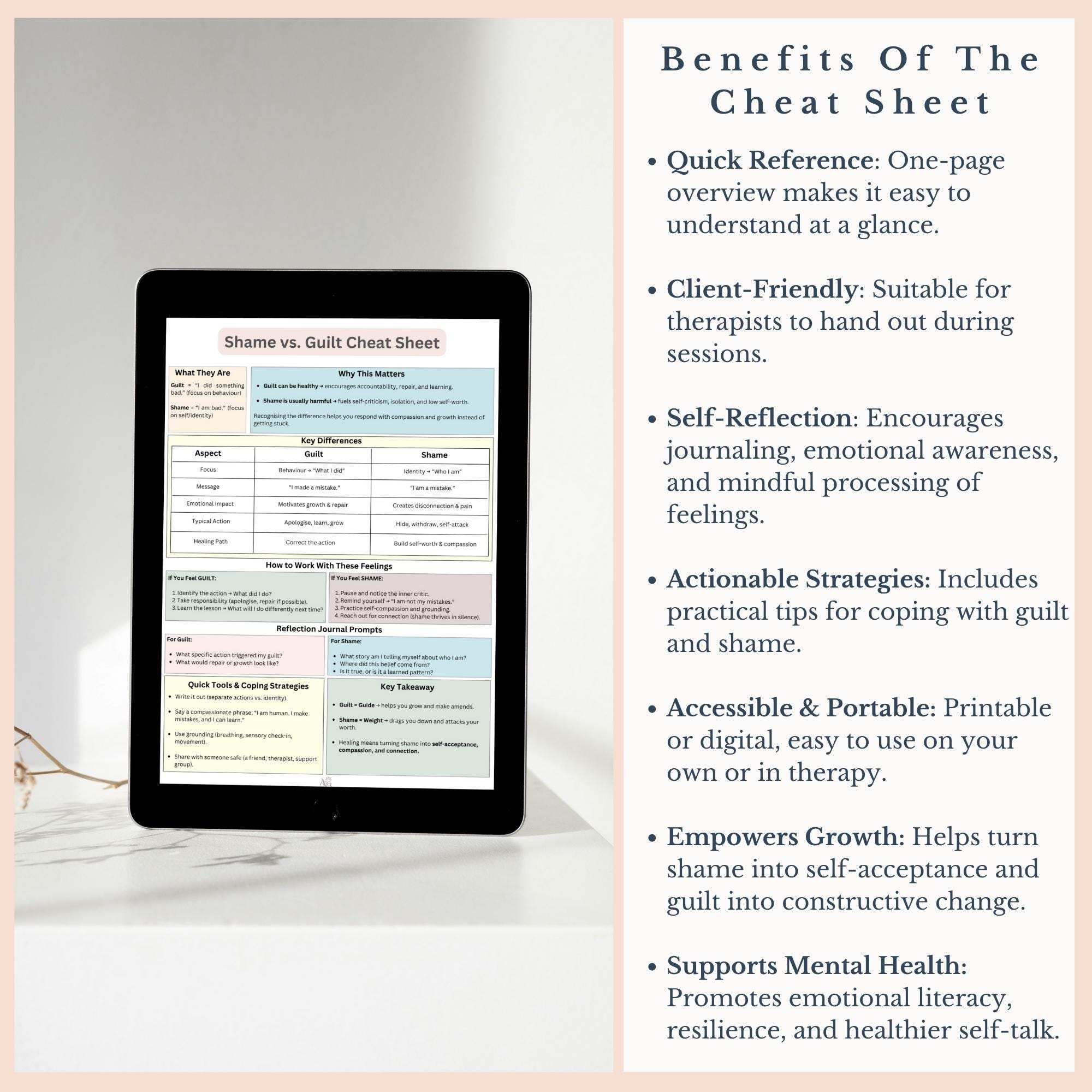 Shame Vs Guilt Cheat Sheet: Emotional Regulation Therapy Handout ...