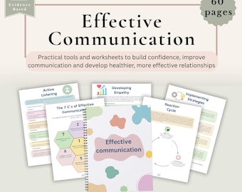 以下が含まれることがあります： Effective Communicationというタイトルの60ページのリング綴じワークブック。表紙にはパステルカラーの抽象的な図形が描かれています。セットには、Active Listening、The 7 C's of Effective Communication、Developing Empathy、Reaction Cycle、Implementing Strategiesなどの見出しが付いた複数のワークシートが含まれています。