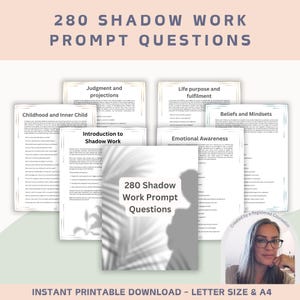 May include: A printable worksheet with 280 shadow work prompt questions. The worksheet is divided into sections, including "Childhood and Inner Child", "Introduction to Shadow Work", "Judgment and Projections", "Life Purpose and Fulfillment", "Emotional Awareness", "Beliefs and Mindsets". The worksheet is designed to help people explore their shadow selves and integrate their shadow aspects into their lives.
