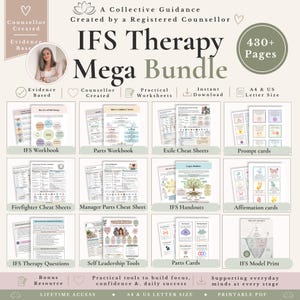 Könnte beinhalten: Ein IFS-Therapie-Mega-Paket mit über 430 Seiten an druckbaren Ressourcen. Enthält Arbeitsbücher, Spickzettel, Prompt-Karten, Affirmationskarten, Handouts, Therapiefragen, Selbstführungstools, Teile-Karten und einen IFS-Modell-Druck.
