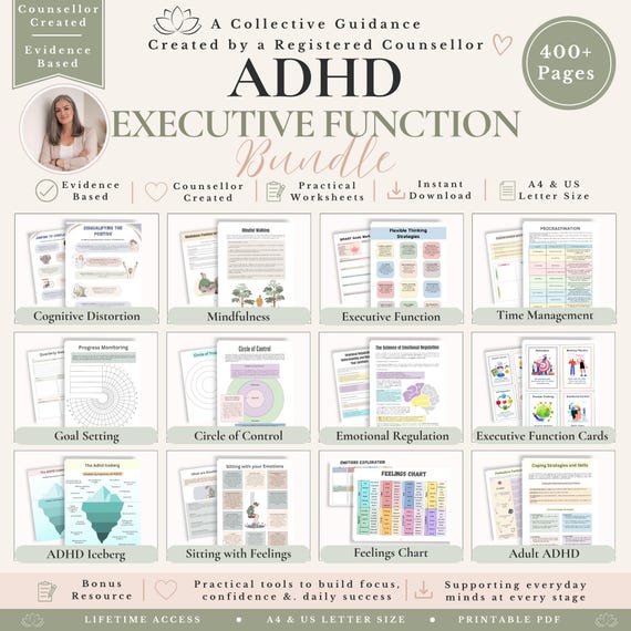 ADHD Bundle, ADHD Workbook, ADHD Skills, Executive Function, adhd Planner, Focus & Productivity, Therapy Worksheets