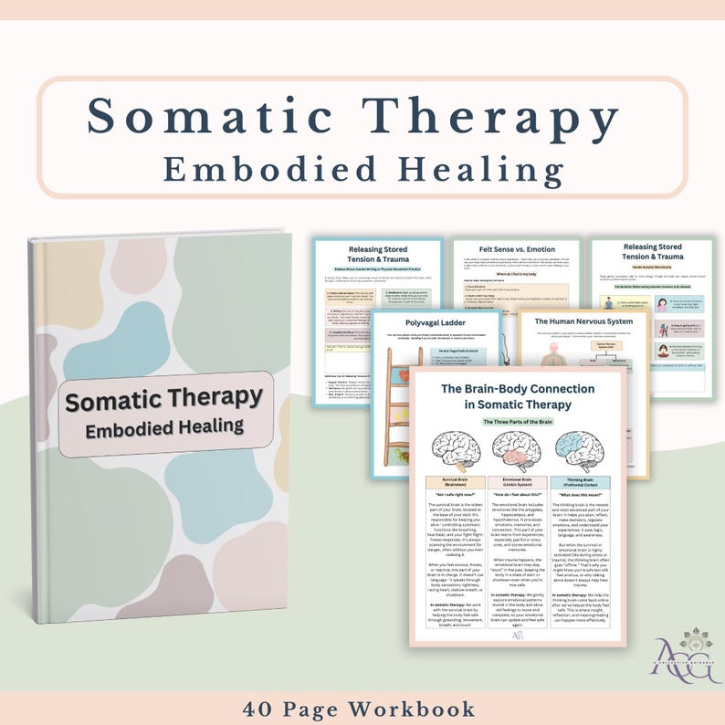 May include: A 40-page workbook titled Somatic Therapy Embodied Healing with a pastel abstract blob cover. The set includes several informational pages featuring diagrams of the human nervous system, the polyvagal ladder, and the brain-body connection.