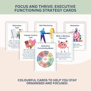 Pu&ograve; includere: Un set di carte strategiche colorate per le funzioni esecutive. Le carte presentano illustrazioni e testo su argomenti come la motivazione, il controllo degli impulsi e l'automonitoraggio. Le carte sono progettate per aiutare con l'organizzazione e la concentrazione.