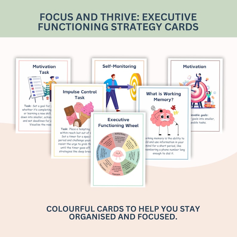 Pu&ograve; includere: Un set di carte strategiche colorate per le funzioni esecutive. Le carte presentano illustrazioni e testo su argomenti come la motivazione, il controllo degli impulsi e l'automonitoraggio. Le carte sono progettate per aiutare con l'organizzazione e la concentrazione.