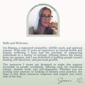 May include: A headshot of a woman with glasses, above text that reads "Created by a Registered Counsellor." The text below introduces Shanna, a registered counsellor, ADHD coach, and spiritual mentor.