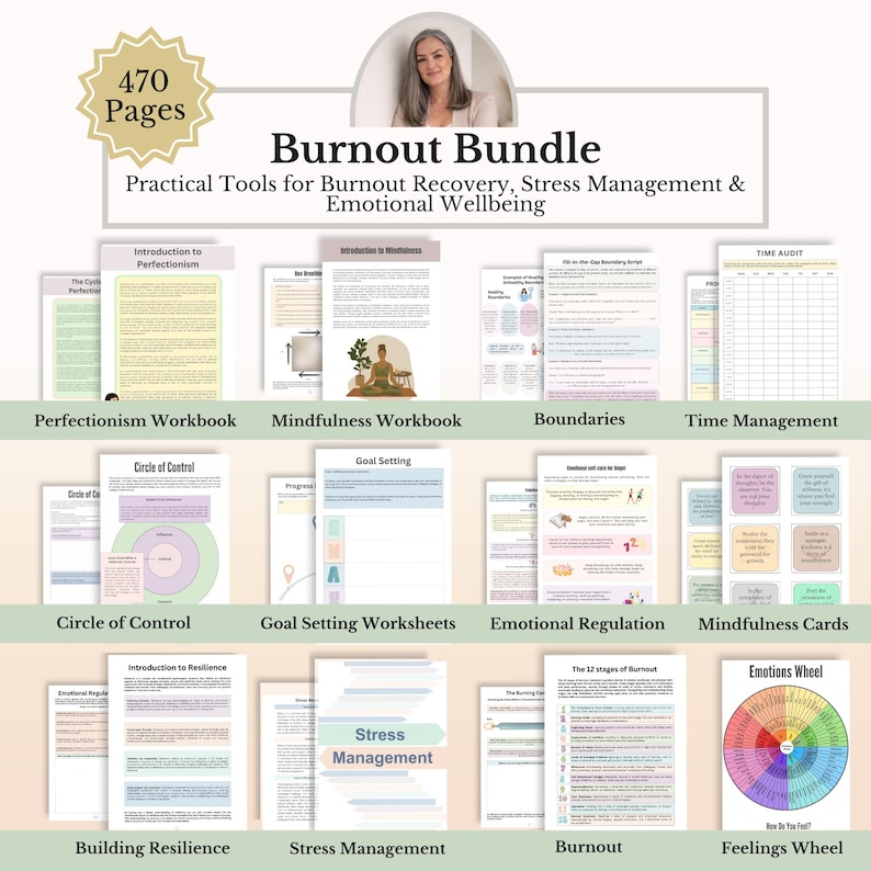 May include: A 470-page Burnout Bundle featuring practical tools for stress management and emotional wellbeing. The collection includes various workbooks, worksheets, and cards covering topics like perfectionism, mindfulness, boundaries, and resilience.