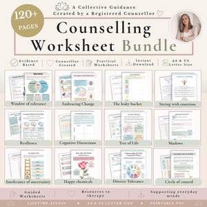 May include: A digital counselling worksheet bundle featuring 120+ pages of evidence-based resources. The document includes various printable therapy worksheets covering topics like resilience, cognitive distortions, and distress tolerance in A4 and US letter size.