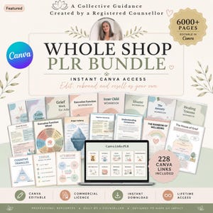 Könnte beinhalten: Ein digitales Produktpaket mit über 6000 Seiten an Arbeitsbüchern und Ressourcen zur psychischen Gesundheit. Die Sammlung enthält Titel wie Grief Work, Executive Function und Healing Trauma, die in Canva bearbeitbar sind, inklusive 228 Links.