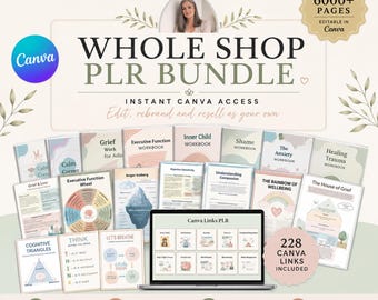 May include: A digital product bundle featuring 6000+ pages of mental health workbooks and resources. The collection includes titles like Grief Work, Executive Function, and Healing Trauma, all editable in Canva, with 228 links and a commercial license.