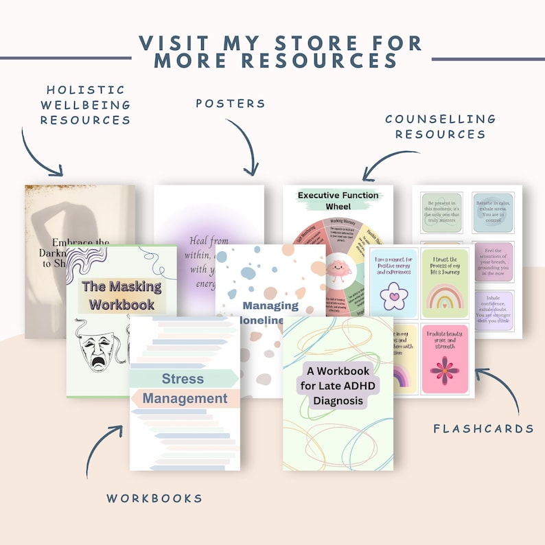 May include: A collection of printable resources for holistic wellbeing, including workbooks, posters, and flashcards. The workbooks include titles like "The Masking Workbook", "Stress Management", and "Managing Loneliness". The posters include titles like "Heal from Within" and "Executive Function Wheel". The flashcards feature positive affirmations and coping strategies.
