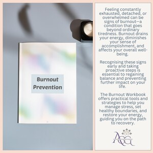May include: A book titled "Burnout Prevention" with a colorful abstract design on the cover. The book is open to a page with text about recognizing signs of burnout and taking proactive steps to prevent it. The text also mentions a workbook with practical tools and strategies to help manage stress, set healthy boundaries, and restore energy.