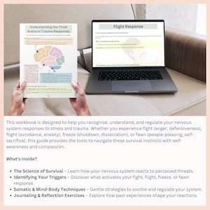 May include: A workbook titled "Understanding the Three Brains in Trauma Responses" with a diagram of the brain. The workbook is open on a couch next to a laptop with the title "Flight Response" on the screen.
