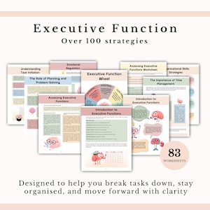 Może przedstawiać: Zbi&oacute;r arkuszy ćwiczeń zatytułowany Executive Function zawierający ponad 100 strategii. Strony zawierają tekst, diagramy i rysunkowe postacie m&oacute;zg&oacute;w. Okrągła odznaka w prawym dolnym rogu zawiera napis 83 WORKSHEETS.