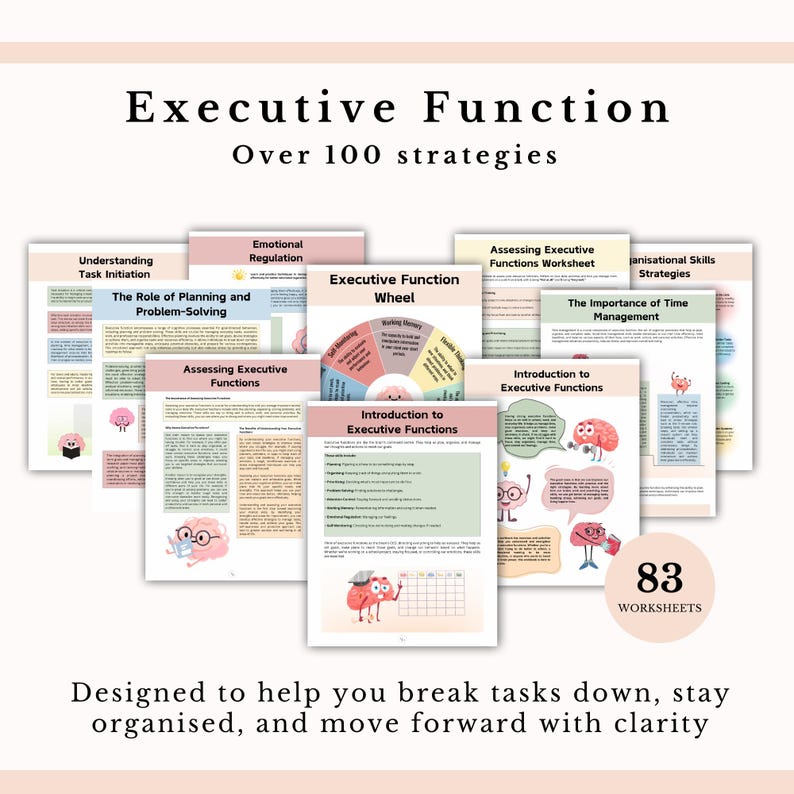 Może przedstawiać: Zbi&oacute;r arkuszy ćwiczeń zatytułowany Executive Function zawierający ponad 100 strategii. Strony zawierają tekst, diagramy i rysunkowe postacie m&oacute;zg&oacute;w. Okrągła odznaka w prawym dolnym rogu zawiera napis 83 WORKSHEETS.