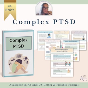 Puede incluir: Imagen de un libro titulado "Complex PTSD" con una ilustración de una persona en la portada. La imagen también muestra varias páginas de información y el texto "Available in A4 and US Letter & Fillable Format".