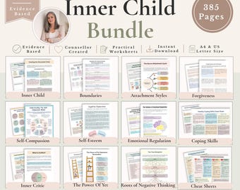 May include: A digital Inner Child Bundle containing 385 pages of evidence-based worksheets and cheat sheets. The document includes topics like boundaries, attachment styles, self-compassion, and emotional regulation in A4 and US letter sizes.