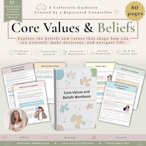 May include: A Core Values and Beliefs workbook with 80 pages, featuring a soft-colored cover with abstract shapes. The set includes multiple printable worksheets with titles like Belief Evidence Sheet and Reprogramming and Integration.