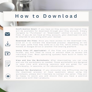 May include: A blue and white graphic with instructions on how to download digital files from Etsy. The graphic includes icons for email, a download arrow, a folder, and a pencil.
