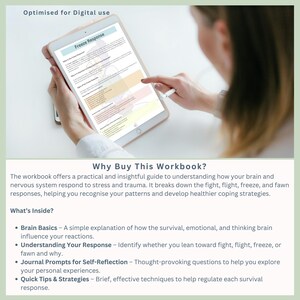 May include: A digital workbook titled "Freeze Response" with a woman's hand pointing at the screen. The workbook offers a practical and insightful guide to understanding how your brain and nervous system respond to stress and trauma. It breaks down the fight, flight, freeze, and fawn responses, helping you recognize your patterns and develop healthier coping strategies.