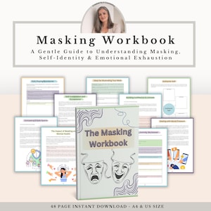 May include: A digital workbook titled The Masking Workbook: A Gentle Guide to Understanding Masking, Self-Identity & Emotional Exhaustion. The cover features two theatrical masks and abstract line art, surrounded by various internal worksheet pages.