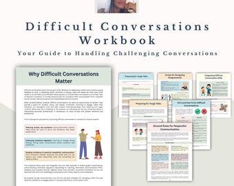 May include: A digital workbook titled "Difficult Conversations Workbook" with the subtitle "Your Guide to Handling Challenging Conversations." The cover features a woman's photo and several pages with text and illustrations. The workbook is available in A4 and US sizes.