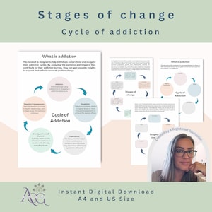 May include: A printable worksheet with a pink, white, and green color scheme. The worksheet is titled "Stages of Change: Cycle of Addiction" and includes a diagram of the cycle of addiction. The worksheet also includes text about addiction and the stages of change.