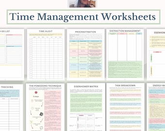 Può includere: Un insieme di fogli di lavoro per la gestione del tempo, con titoli come "Time Audit" e "Procrastination". Disponibili nei formati A4 e US Letter, a colori e in bianco e nero. Il testo "Time Management Worksheets" è visibile.