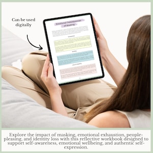 May include: A digital tablet displaying a document titled Emotional Consequences of Masking, featuring sections on exhaustion, anxiety, and loss of identity. The screen includes text about masking and the note Can be used digitally with an arrow.